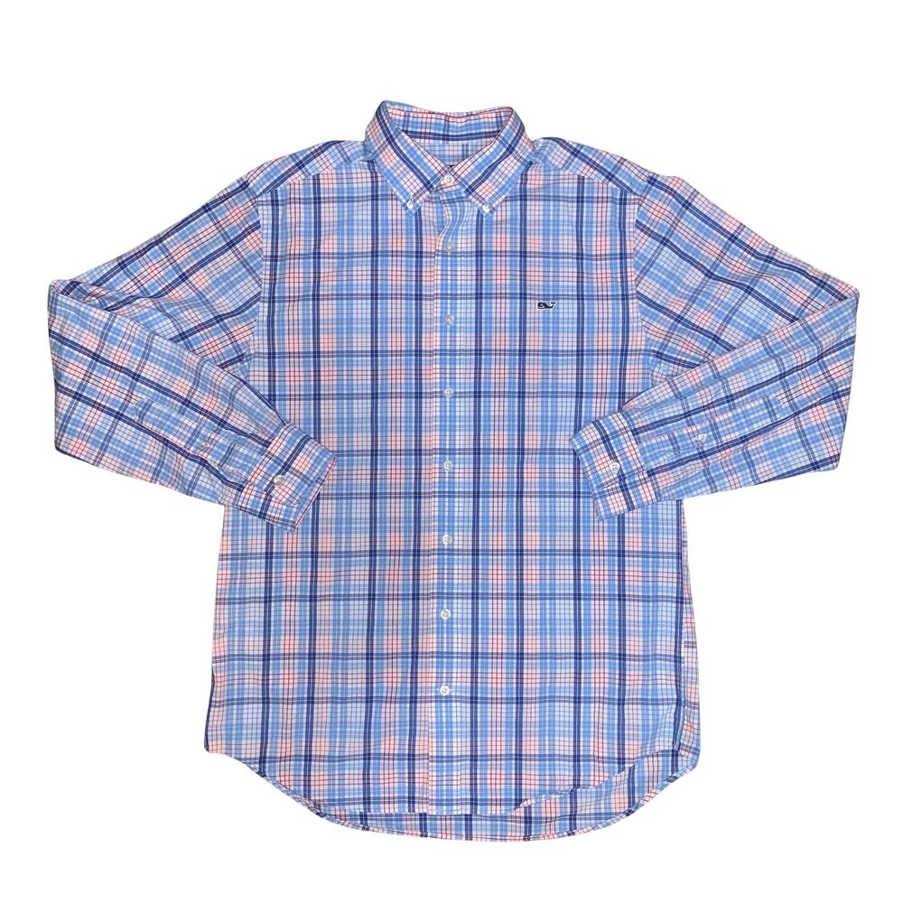 Vineyard Vines Mens Medium Button Down Shirt Blue Plaid Slim Fit Whale Preppy - Picture 2 of 5